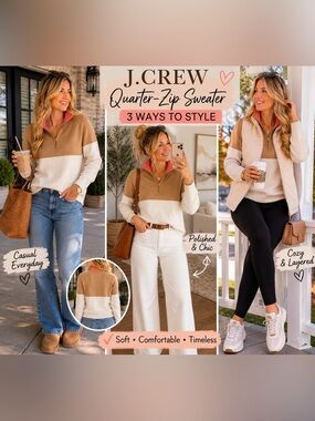 J. Crew Coral and Camel Half-Zip Wool blend Sweater